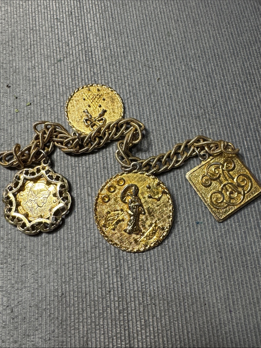 Vintage Source Unknown Gold Tone Charm Bracelet with Coin and Monogram Charms